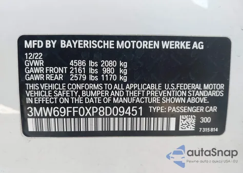 2023 BMW 330I z USA, uszkodzony, nr VIN 3MW69FF0XP8D09451